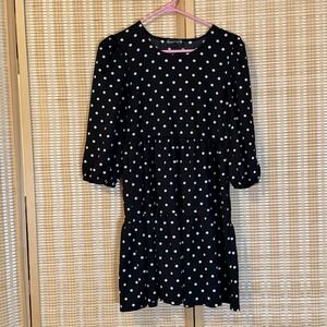 Crystal Doll Womens M Dress Black White Polka Dot 3/4 Sleeve Midi Office City